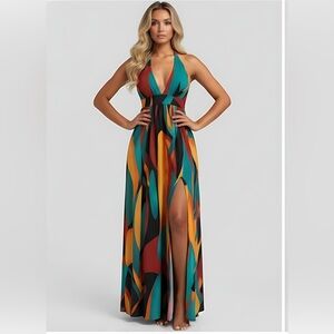 Boho Grahpic Print Cami Double Split Thigh Maxi Dress